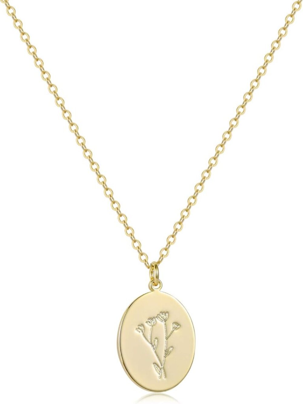 Oval Coin Pendant Necklace 12 Month Birth Flower Disc Necklace 14K Gold Plated D